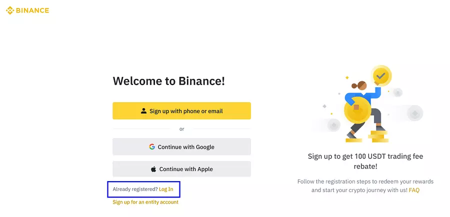Visit the Binance Homepage and Click Log In
